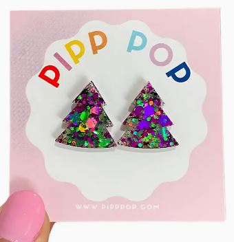 PIPP POP - Glitter Christmas Tree Stud - Purple & Green